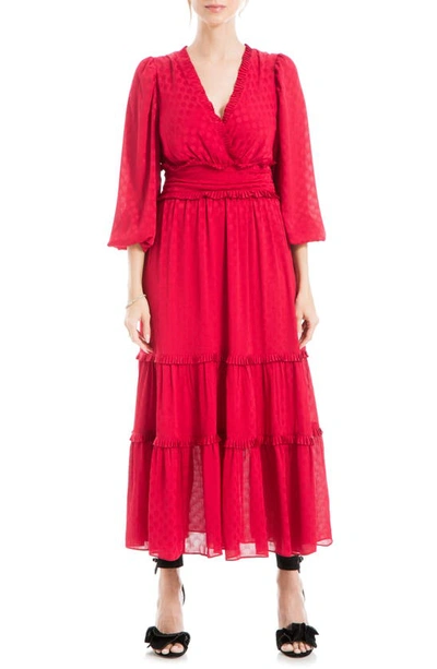 Max Studio Long Sleeve Jacquard Satin Tiered Maxi Dress In Red