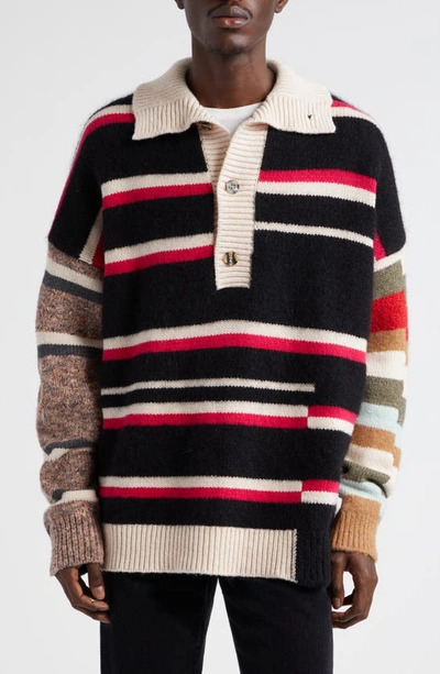 Waste Yarn Project Lucy Dice Stripe Patchwork One Of A Kind Sweater In Black/ Beige Multi