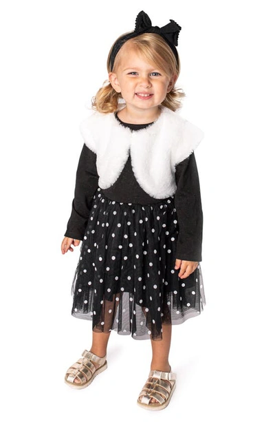Popatu Kids' Knit & Tulle Dress With Faux Fur Bolero In Black