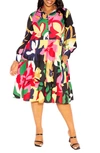 Buxom Couture Floral Long Sleeve Shirtdress In Black Multi