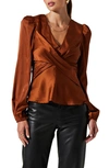 Astr Crossover Balloon Sleeve Satin Top In Amber