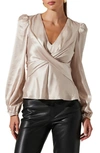 Astr Crossover Balloon Sleeve Satin Top In Champagne