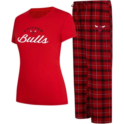 College Concepts Women's  Red, Black Chicago Bulls Arctic T-shirt And Flannel Trousers Sleep Set In Red,black