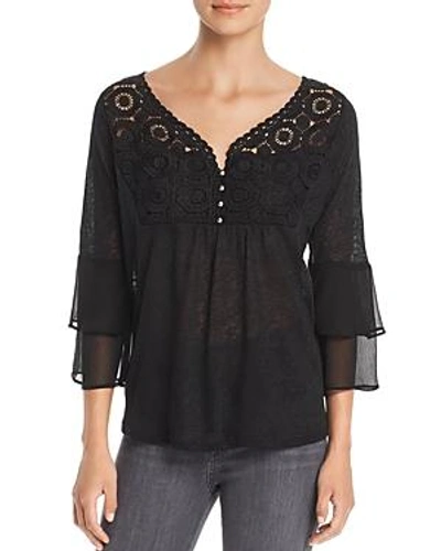 Avec Mixed Media Tiered-sleeve Top In Black