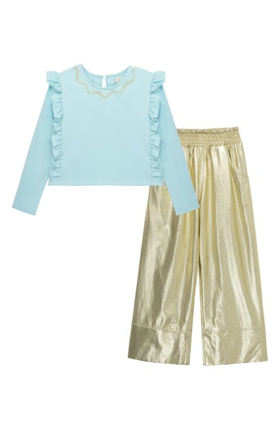 Peek Aren't You Curious Kids' Embroidered Long Sleeve Top & Linen Blend Pants Set In Light Blue And Gold