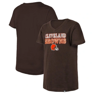 New Era Kids' Girls Youth  Brown Cleveland Browns Reverse Sequin V-neck T-shirt
