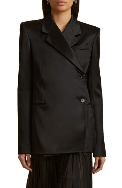Khaite Otero Asymmetric Double Breasted Satin Jacket In Black