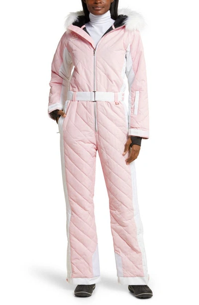 Tipsy Elves Powder Pink Faux Fur Trim Waterproof Snowsuit