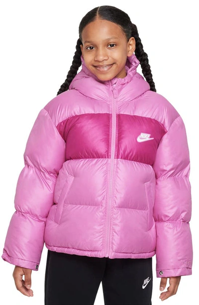 Nike Kids' Sportswear Water Repellent Hooded Puffer Jacket In Pink/ Fireberry/ White