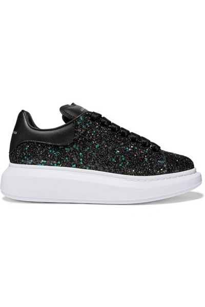 Alexander Mcqueen Glittered Leather Exaggerated-sole Sneakers In Black