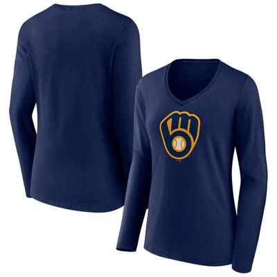 Fanatics Branded Navy Milwaukee Brewers Official Logo V-neck Long Sleeve T-shirt