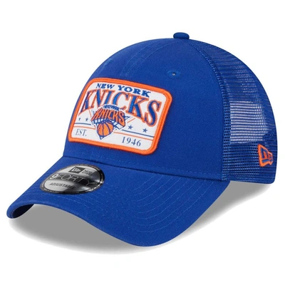 New Era Blue New York Knicks Plate Oversized Patch Trucker 9forty Adjustable Hat