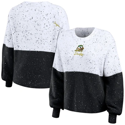 Wear By Erin Andrews Women's  White, Black Oregon Ducks Colorblock Script Pullover Sweater In White,black