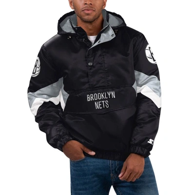 Starter Black Brooklyn Nets Force Play Satin Hoodie Half-zip Jacket