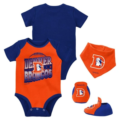 Mitchell & Ness Babies' Newborn & Infant  Orange/royal Denver Broncos Throwback Big Score Bodysuit, Bib & Boo In Orange,royal