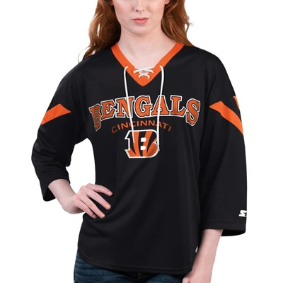 Starter Women's  Black Cincinnati Bengals Rally Lace-up 3/4 Sleeve T-shirt