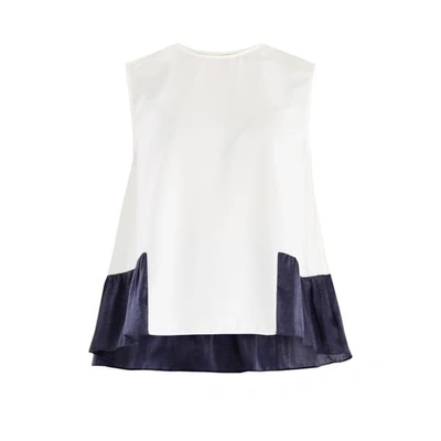 Paisie Flared Top With Satin Ruffle Panels In White & Navy