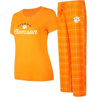 Concepts Sport Women's  Orange, White Clemson Tigers Arctic T-shirt And Flannel Pants Sleep Set In Orange,white