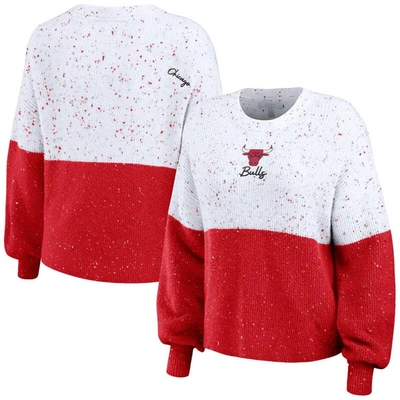 Wear By Erin Andrews Women's  White, Red Chicago Bulls Color-block Pullover Sweater In White,red