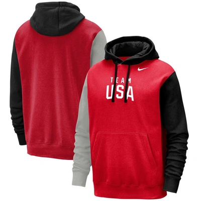 Nike Men's  Red, Black Team Usa Colorblock Club Pullover Hoodie In Red,black