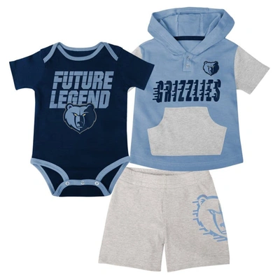 Outerstuff Babies' Infant Navy/light Blue/gray Memphis Grizzlies Bank Shot Bodysuit, Hoodie T-shirt & Shorts Set