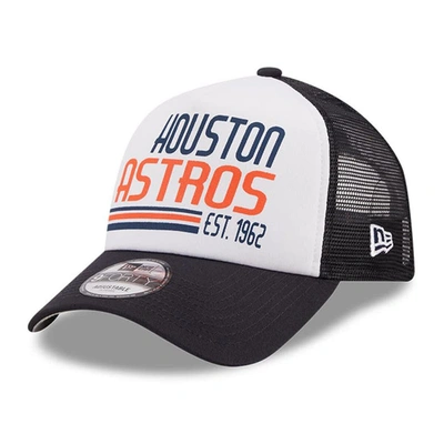 New Era Men's  White, Navy Houston Astros Stacked A-frame Trucker 9forty Adjustable Hat In White,navy