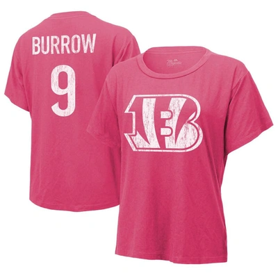 Majestic Women's  Threads Joe Burrow Pink Distressed Cincinnati Bengals Name And Number T-shirt