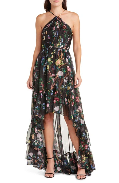 Marchesa Notte Floral Halter High-low Cocktail Dress In Black