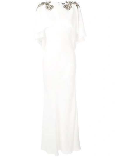 Alexander Mcqueen Cape-effect Embellished Crepe Gown In Ivory
