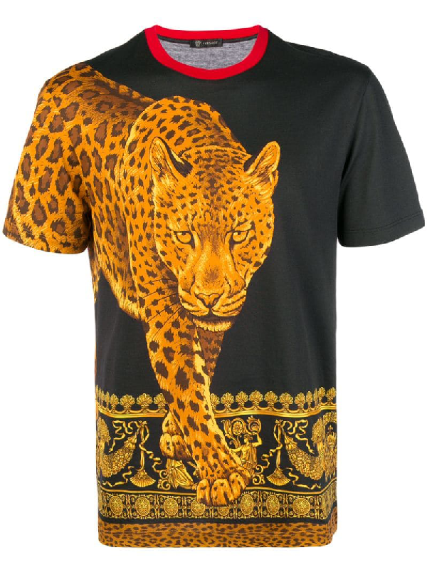 Versace Leopard Printed Cotton Jersey T-shirt In Black | ModeSens