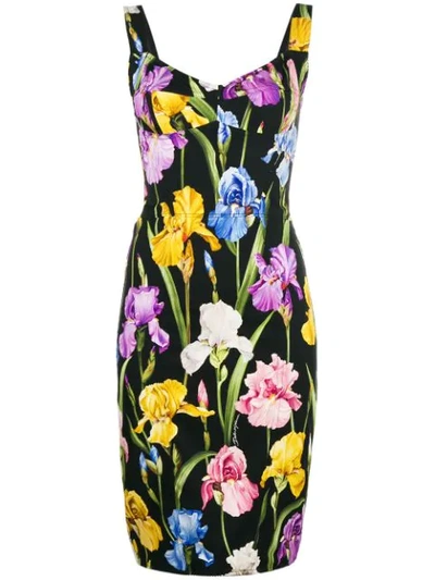 Dolce & Gabbana Black Iris Print Silk Stretch Bodycon Dress