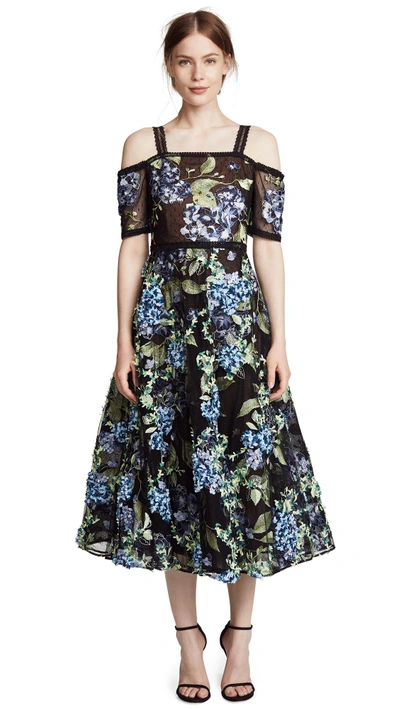 Marchesa Notte 3d Embroidered Flocked Gown In Black