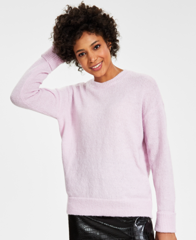 Bar Iii Womens Fuzzy Knit Crewneck Sweater Croc Embossed Faux Leather Mini Skirt Created For Macys In Dreamy Pink