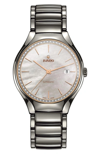 Rado True Diamond Ceramic Bracelet Watch, 40mm In Grey/ Mop/ Grey