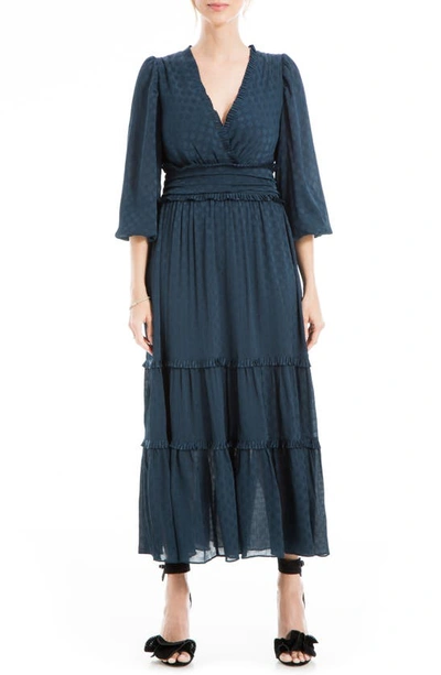 Max Studio Long Sleeve Jacquard Satin Tiered Maxi Dress In Navy