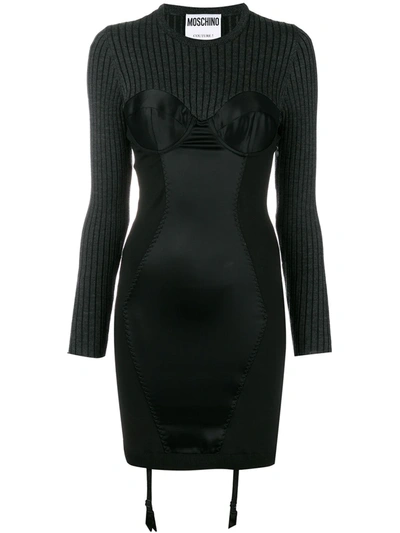 Moschino Paneled Ribbed Wool, Satin And Crepe Mini Dress In Black