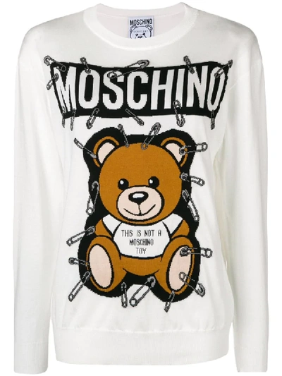 Moschino Safety Pin Bear Intarsia Cotton Sweater In Bianco Latte