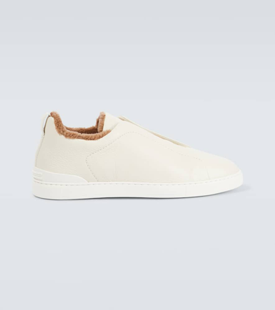 Zegna Triple Stitch Leather Sneakers In White
