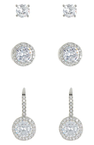 Nes Jewelry Set Of 3 Cubic Zirconia Stud, Halo & Drop Earrings In Metallic