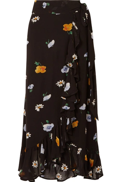 Ganni Dainty Georgette Floral-print Wrap Skirt In Black
