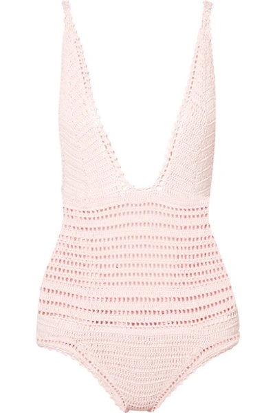 She Made Me Lalita Crocheted Cotton Swimsuit In Pastel Pink