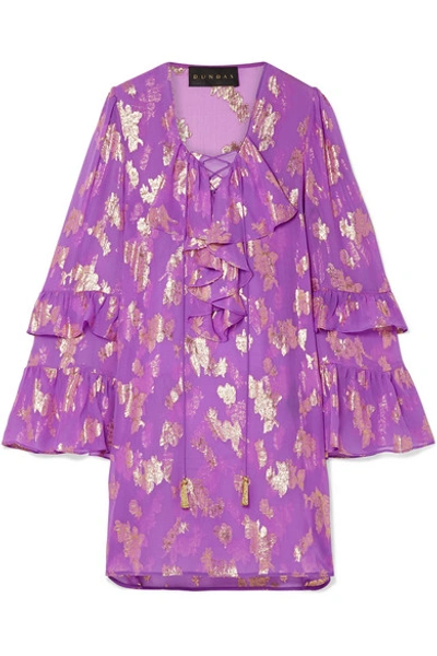 Dundas Lace-up Metallic Fil Coupé Silk-blend Chiffon Mini Dress In Purple