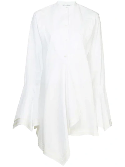Jw Anderson Mandarin-collar Bell-sleeve Button-front Cotton Shirt W/ Striped Border Trim, White