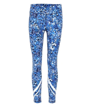 Tory Sport Floral-print Chevron Cropped Activewear Leggings In Blue