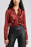 Open Edit Cinched Satin Shirt In Burgundy Russet