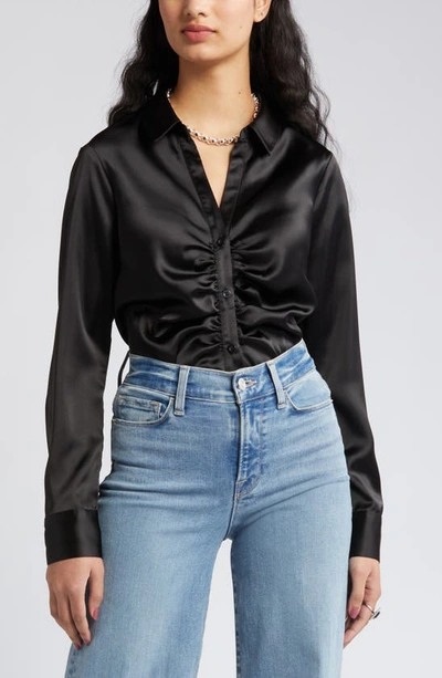 Open Edit Cinched Satin Shirt In Black