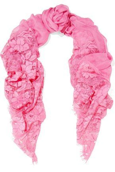 Valentino Woman Corded Lace-paneled Modal And Cashmere-blend Scarf Pink