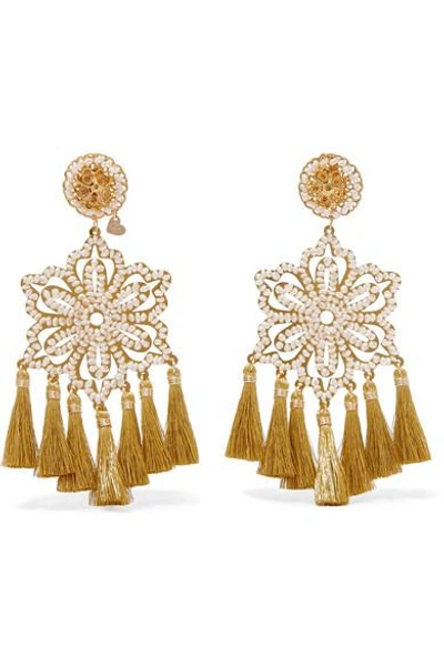 Mercedes Salazar Hibiscus Nieve Tasseled Gold-tone Faux Pearl Clip Earrings