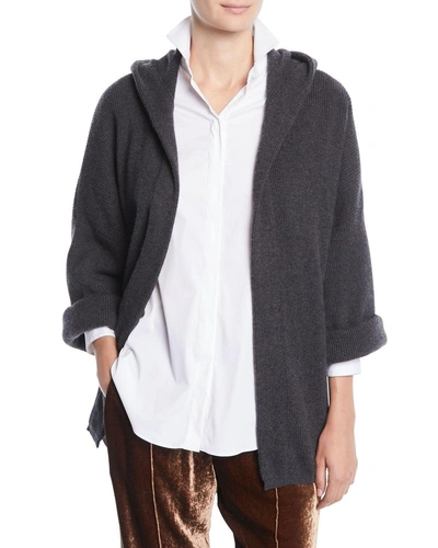 Brunello Cucinelli Ribbed Cashmere Hoodie Cardigan W/ Belt In Charcoal