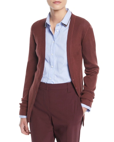 Brunello Cucinelli Button-front Wool-cashmere Ribbed Cardigan In Burgundy